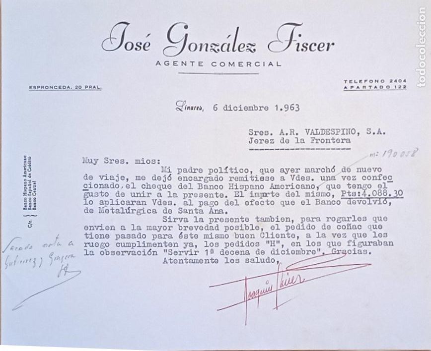 Lettres commerciales: CARTA COMERCIAL. JOSE GONZALEZ FISCER. AGENTE COMERCIAL. LINARES. 1963.
