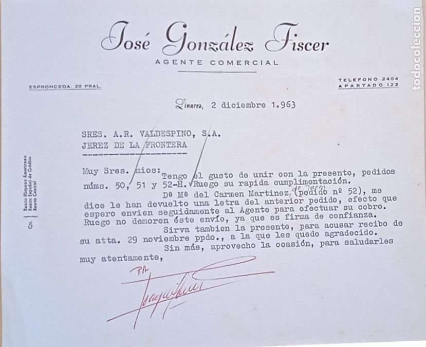 Lettres commerciales: CARTA COMERCIAL. JOSE GONZALEZ FISCER. AGENTE COMERCIAL. LINARES. 1963.
