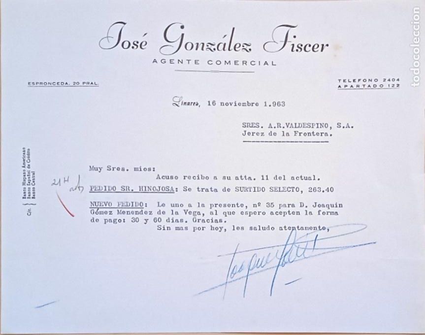 Lettres commerciales: CARTA COMERCIAL. JOSE GONZALEZ FISCER. AGENTE COMERCIAL. LINARES. 1963.