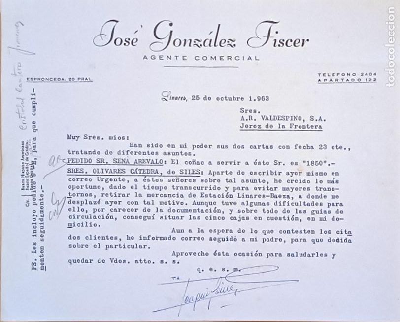 Lettres commerciales: CARTA COMERCIAL. JOSE GONZALEZ FISCER. AGENTE COMERCIAL. LINARES. 1963.