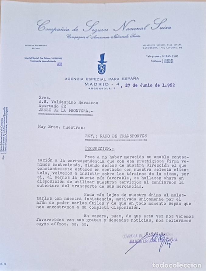 Lettres commerciales: CARTA COMERCIAL. COMPA&Ntilde;IA DE SEGUROS NACIONAL SUIZA. AGENCIA ESPECIAL DE ESPA&Ntilde;A. MADRID. 1962.