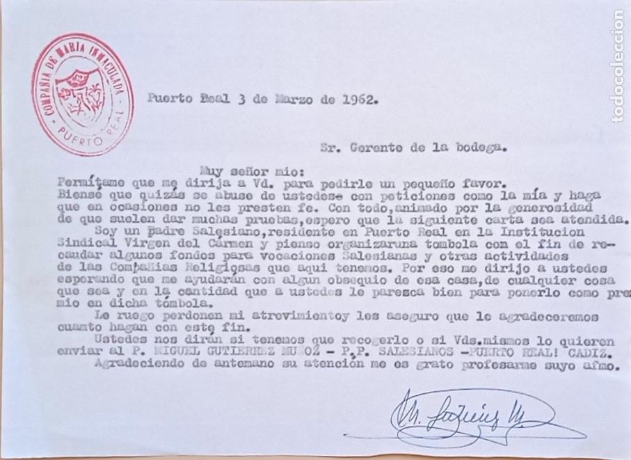 Lettres commerciales: CARTA COMERCIAL. COMPA&Ntilde;IA DE MARIA INMACULADA, PUERTO REAL, CADIZ. 1962.