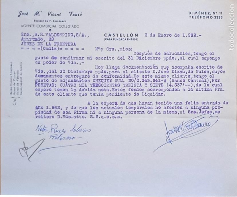 Lettres commerciales: CARTA COMERCIAL. JOSE M&ordf;. VICENT FAURO. AGENTE COMERCIAL COLEGIADO. CASTELLON. 1962.