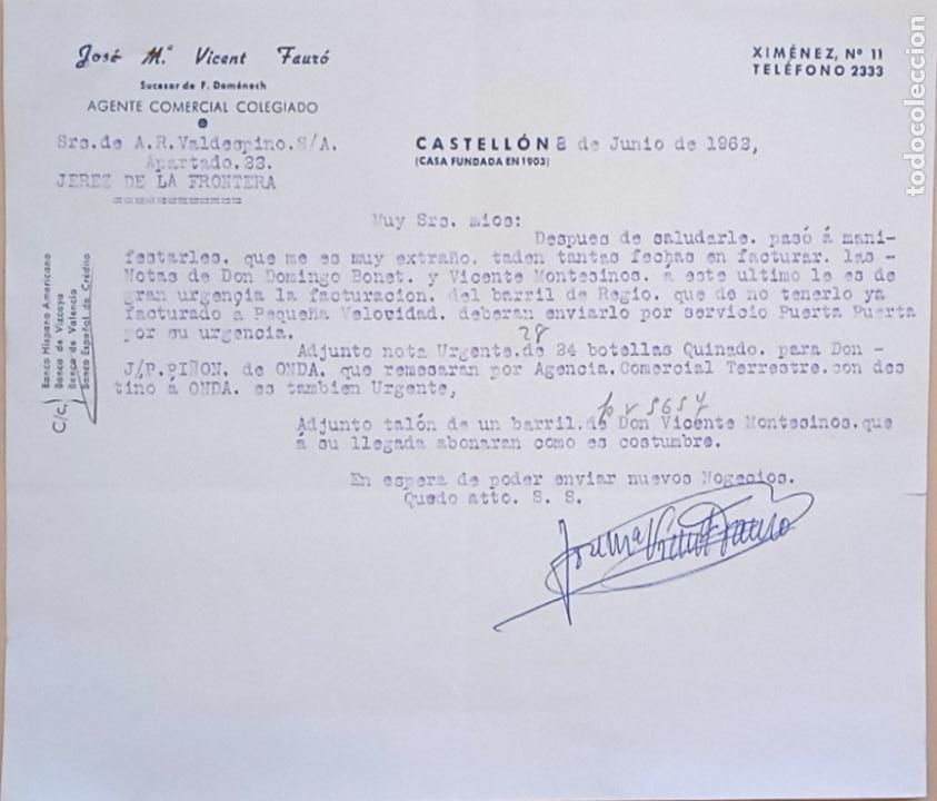 Lettres commerciales: CARTA COMERCIAL. JOSE M&ordf;. VICENT FAURO. AGENTE COMERCIAL COLEGIADO. CASTELLON. 1962.