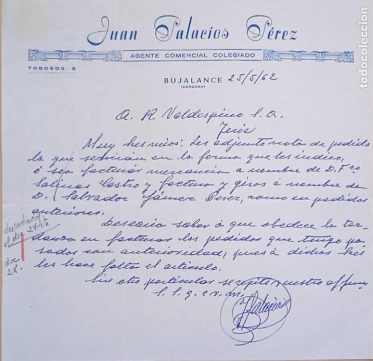Lettres commerciales: CARTA COMERCIAL. JUAN PALACIOS PEREZ. AGENTE COMERCIAL COLEGIADO. BUJALANCE, CORDOBA. 1962.
