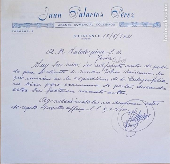 Lettres commerciales: CARTA COMERCIAL. JUAN PALACIOS PEREZ. AGENTE COMERCIAL COLEGIADO. BUJALANCE, CORDOBA. 1962.