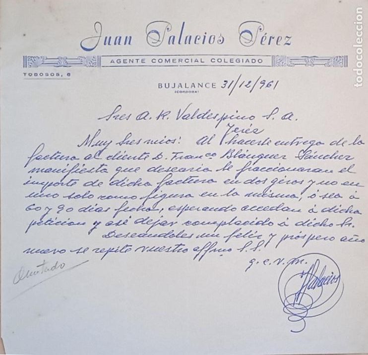 Lettres commerciales: CARTA COMERCIAL. JUAN PALACIOS PEREZ. AGENTE COMERCIAL COLEGIADO. BUJALANCE, CORDOBA. 1962.