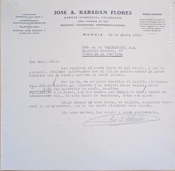 Lettres commerciales: CARTA COMERCIAL. JOSE A. RABADAN FLORES. AGENTE COMERCIAL. SEGUROS COMISIONES. MURCIA. 1962.