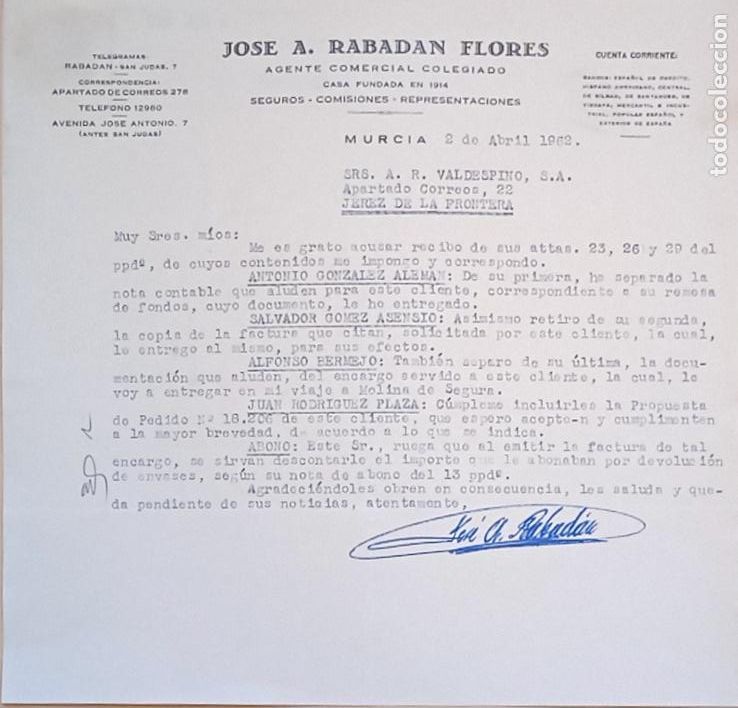 Lettres commerciales: CARTA COMERCIAL. JOSE A. RABADAN FLORES. AGENTE COMERCIAL. SEGUROS COMISIONES. MURCIA. 1962.