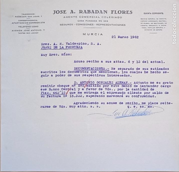 Lettres commerciales: CARTA COMERCIAL. JOSE A. RABADAN FLORES. AGENTE COMERCIAL. SEGUROS COMISIONES. MURCIA. 1962.