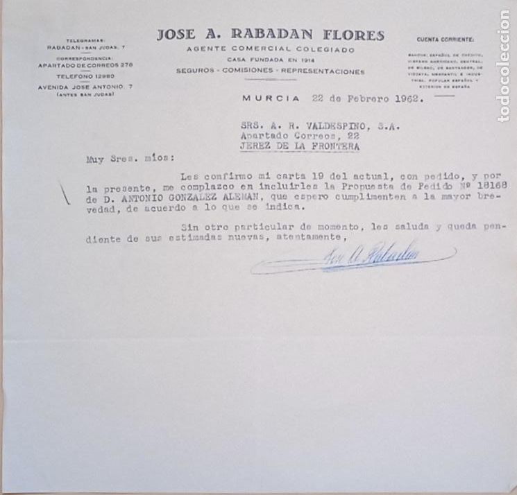 Lettres commerciales: CARTA COMERCIAL. JOSE A. RABADAN FLORES. AGENTE COMERCIAL. SEGUROS COMISIONES. MURCIA. 1962.