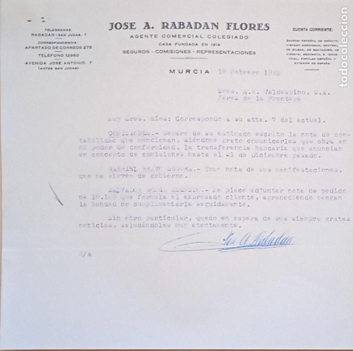 Lettres commerciales: CARTA COMERCIAL. JOSE A. RABADAN FLORES. AGENTE COMERCIAL. SEGUROS COMISIONES. MURCIA. 1962.