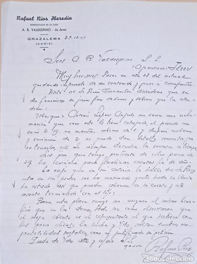 Lettres commerciales: CARTA COMERCIAL. RAFAEL RIOS HEREDIA. REPRESENTANTE A. R. VALDESPINO. GRAZALEMA, CADIZ. 1944.