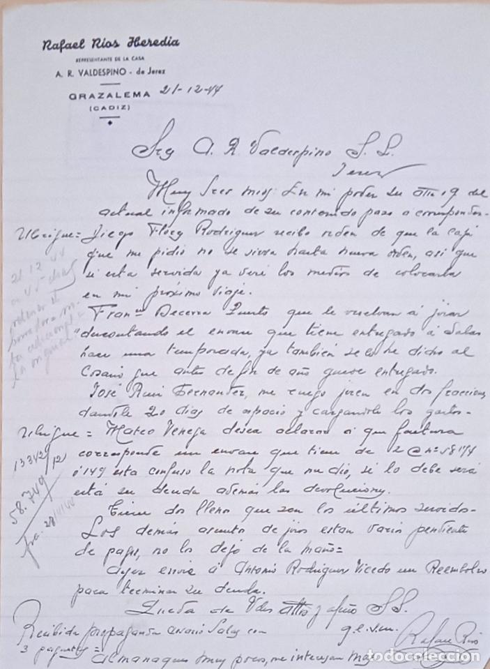 Lettres commerciales: CARTA COMERCIAL. RAFAEL RIOS HEREDIA. REPRESENTANTE A. R. VALDESPINO. GRAZALEMA, CADIZ. 1944.