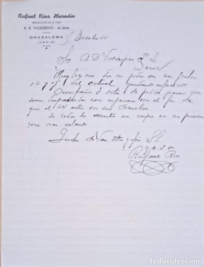 Lettres commerciales: CARTA COMERCIAL. RAFAEL RIOS HEREDIA. REPRESENTANTE A. R. VALDESPINO. GRAZALEMA, CADIZ. 1944.