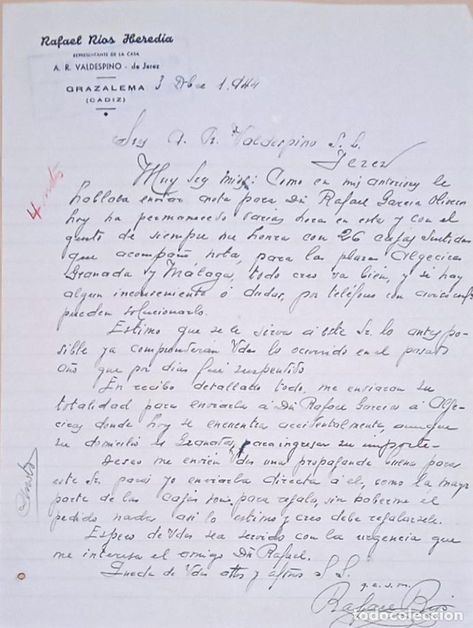 Lettres commerciales: CARTA COMERCIAL. RAFAEL RIOS HEREDIA. REPRESENTANTE A. R. VALDESPINO. GRAZALEMA, CADIZ. 1944.