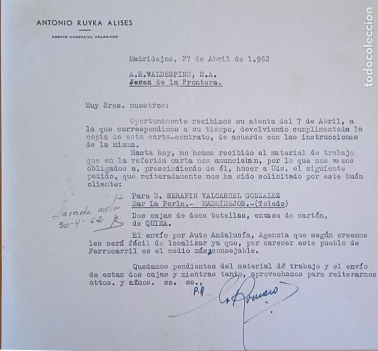 Lettres commerciales: CARTA COMERCIAL. ANTONIO RUYRA ALISES. AGENTE COMERCIAL COLEGIADO. MADRIDEJOS, TOLEDO. 1962.