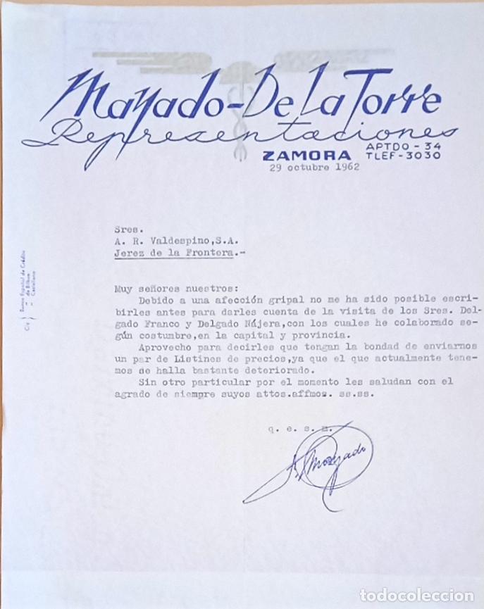 Lettres commerciales: CARTA COMERCIAL. MAYADO- DE LA TORRE. REPRESENTACIONES. ZAMORA. 1962.
