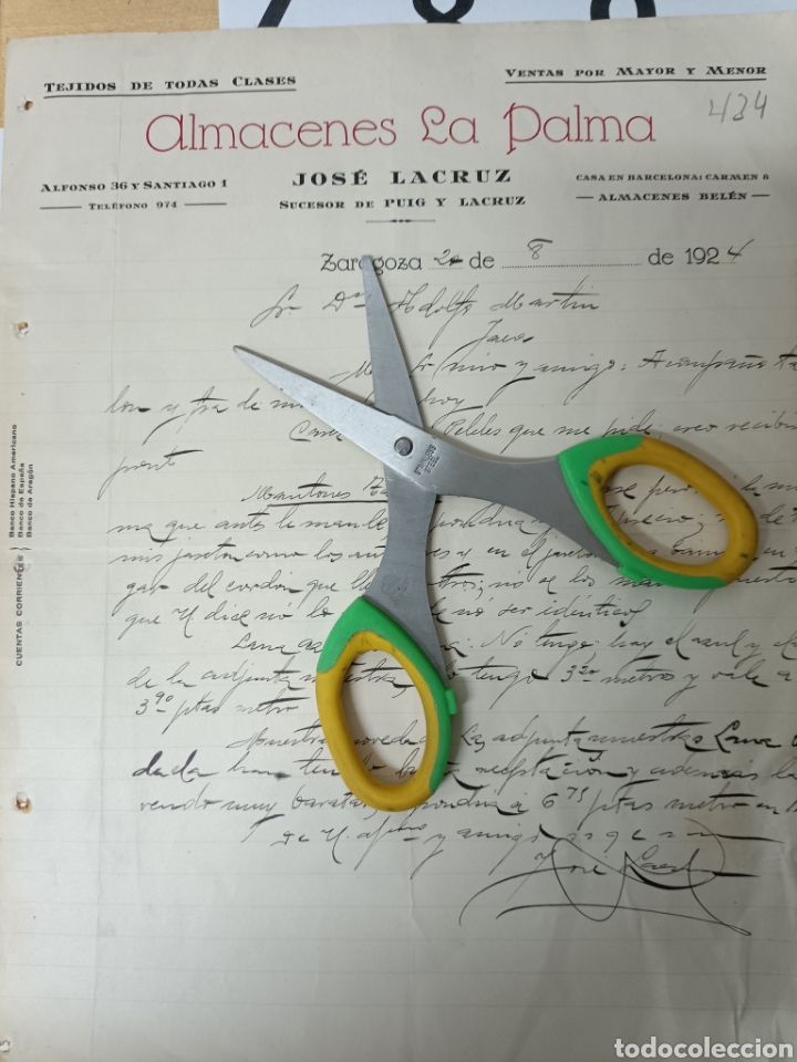 Lettres commerciales: Almacenes la palma Jos&eacute; lacruz Zaragoza 1924
