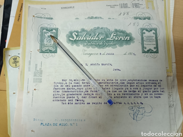 Gesch&auml;ftsbriefe: Salvador Loren f&aacute;brica tejidos Zaragoza 1936