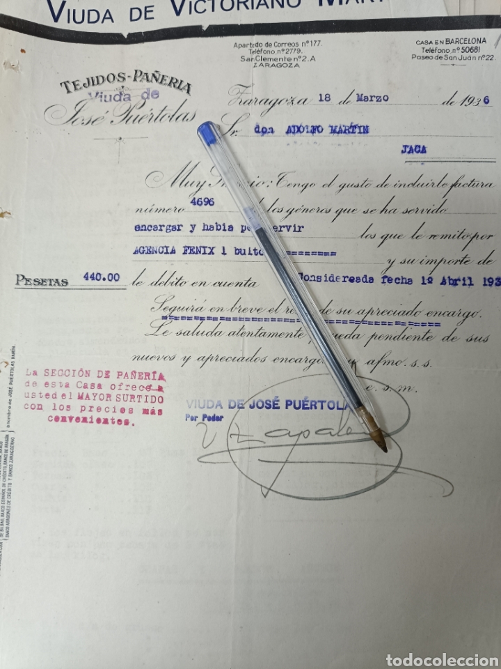 Gesch&auml;ftsbriefe: Tejidos pa&ntilde;eria Jos&eacute; pu&eacute;rtolas Zaragoza 1936