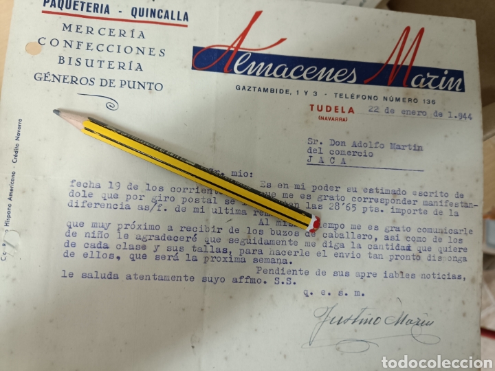 Gesch&auml;ftsbriefe: Paqueter&iacute;a quincalla mercer&iacute;a almacenes Mar&iacute;n Tudela Navarra 1944