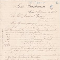 Cartas comerciales: JOSÉ BERTOMEU REUS 1893 A JUAN GONSÉ TARRAGONA ACCIONES DEL GASÓMETRO TARRAGONENSE. Lote 335999418