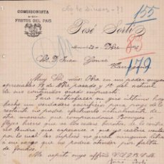 Cartas comerciais: COMISIONISTA FRUTOS SECOS JOSÉ SORLI BENICARLO CASTELLÓN 1896 A JUAN GONSÉ TARRAGONA NO PUEDE PAGAR. Lote 336019293