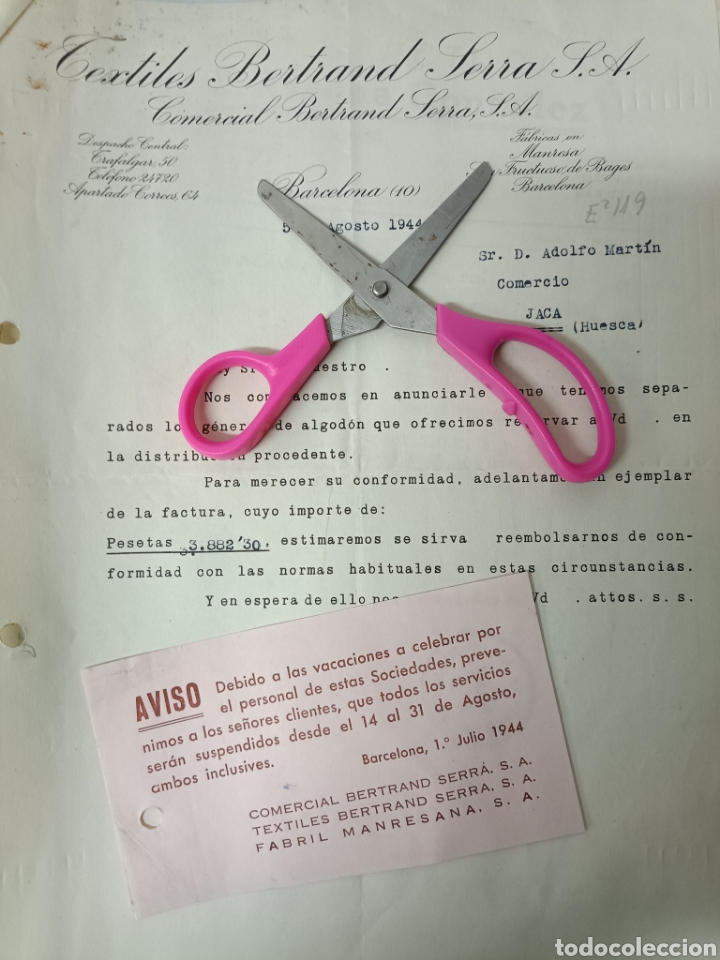 Lettres commerciales: Textiles bertr&aacute;nd Serra comercial de tram Barcelona 1944