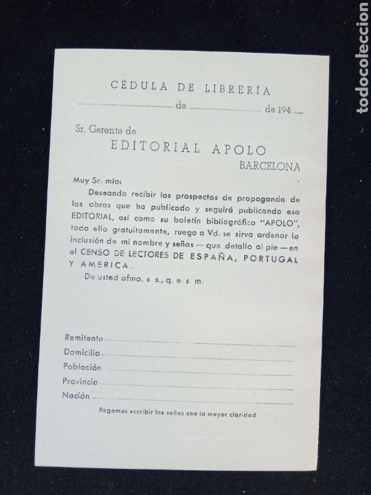 Cartas comerciales: CEDULA DE LIBRERIA,a&ntilde;o194? - Foto 2