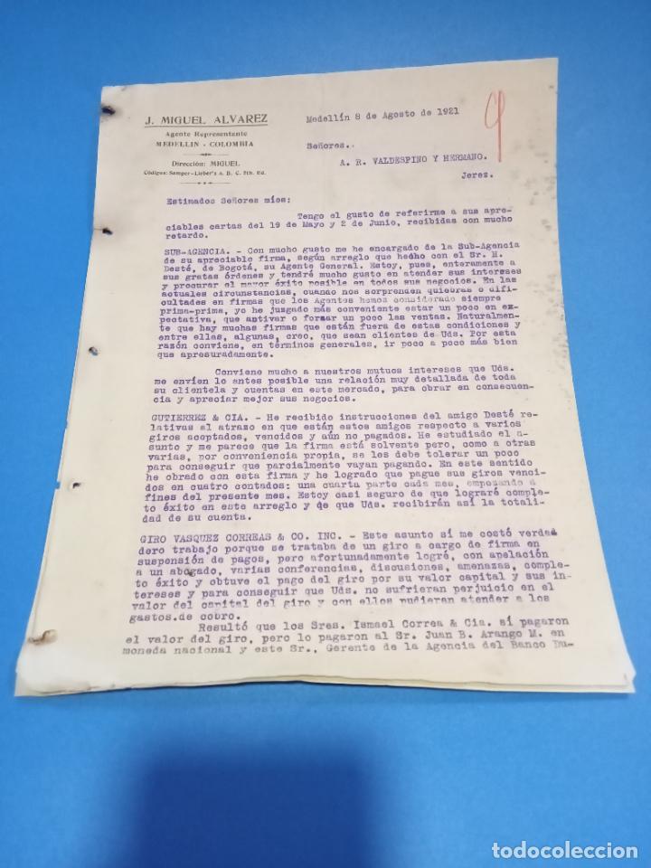 Lettres commerciales: CARTA COMERCIAL. J.MIGUEL ALVAREZ. REPRESENTANTE. MEDELL&Iacute;N, COLOMBIA. 1921. CON 2 HOJAS