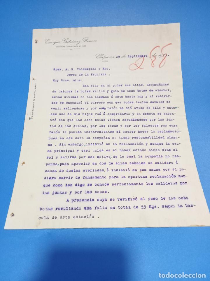 Lettres commerciales: CARTA COMERCIAL. ENRIQUE GUTIERREZ RENERO. COSECHERO Y ALMACENISTA VINOS. CHIPIONA 1925. CON 2 HOJAS