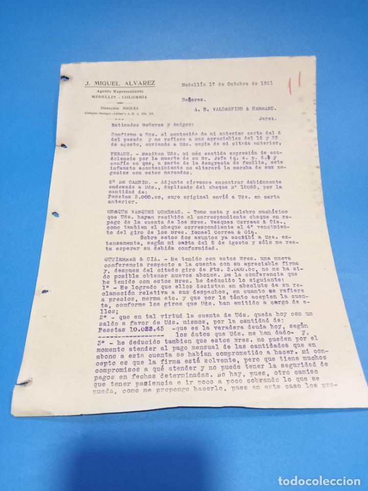 Lettres commerciales: CARTA COMERCIAL. J.MIGUEL ALVAREZ. REPRESENTANTE. MEDELL&Iacute;N, COLOMBIA. 1921. CON 2 HOJAS