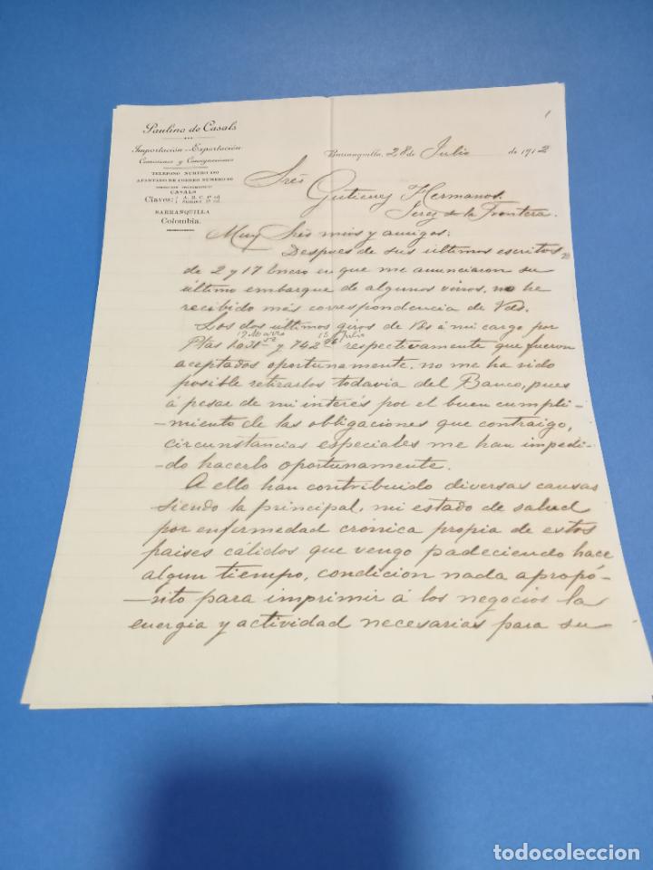 Lettres commerciales: CARTA COMERCIAL. PAULINO DE CASALS. COMISIONES. BARRANQUILLA, COLOMBIA. 1912. CON 3 HOJAS