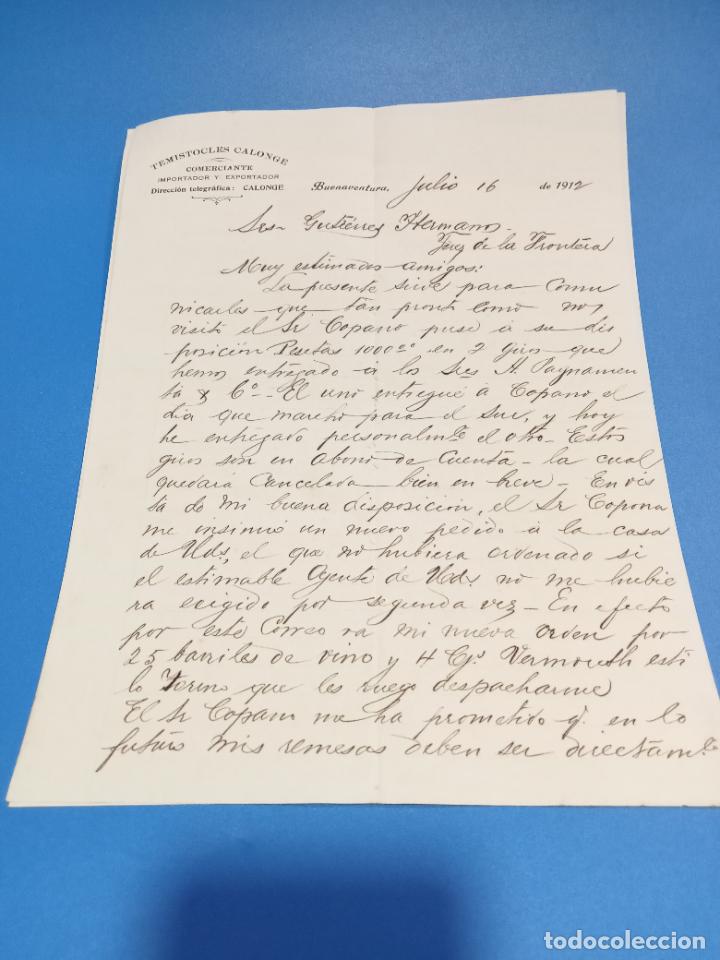 Lettres commerciales: CARTA COMERCIAL. TEMISTOCLES CALONGE. COMERCIANTE. BUENAVENTURA, COLOMBIA 1912. CON 2 HOJAS. VER
