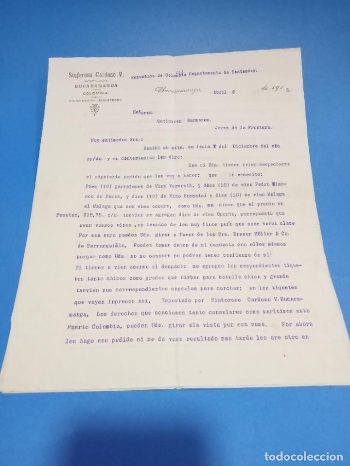 Lettres commerciales: CARTA COMERCIAL. SINFOROSO CANDOSO V. BUCARMANGA, COLOMBIA. 1913. CON 2 HOJAS. VER