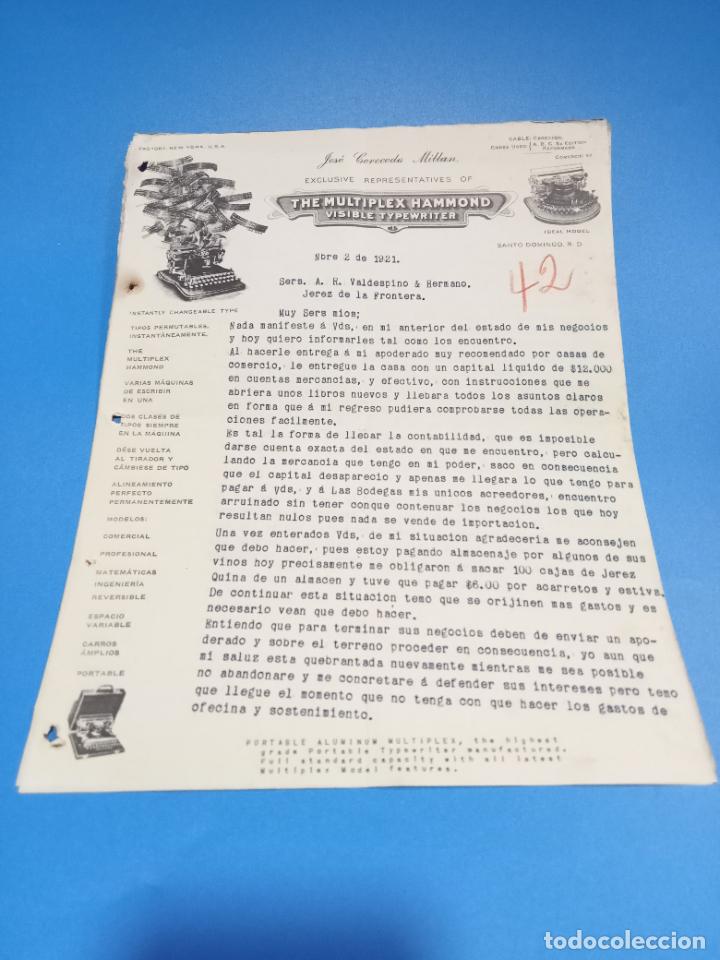 Lettres commerciales: CARTA COMERCIAL. JOSE CERECEDO MILLAN. MULTIPLEX HAMMOND. SANTO DOMINGO. 1921. CON 2 HOJAS