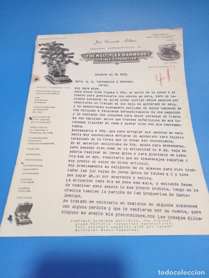 Gesch&auml;ftsbriefe: CARTA COMERCIAL. JOSE CERECEDO MILLAN. MULTIPLEX HAMMOND. SANTO DOMINGO. 1921. CON 2 HOJAS