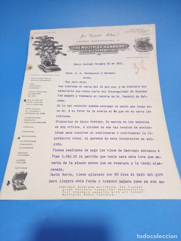 Gesch&auml;ftsbriefe: CARTA COMERCIAL. JOSE CERECEDO MILLAN. MULTIPLEX HAMMOND. SANTO DOMINGO. 1921. CON 2 HOJAS