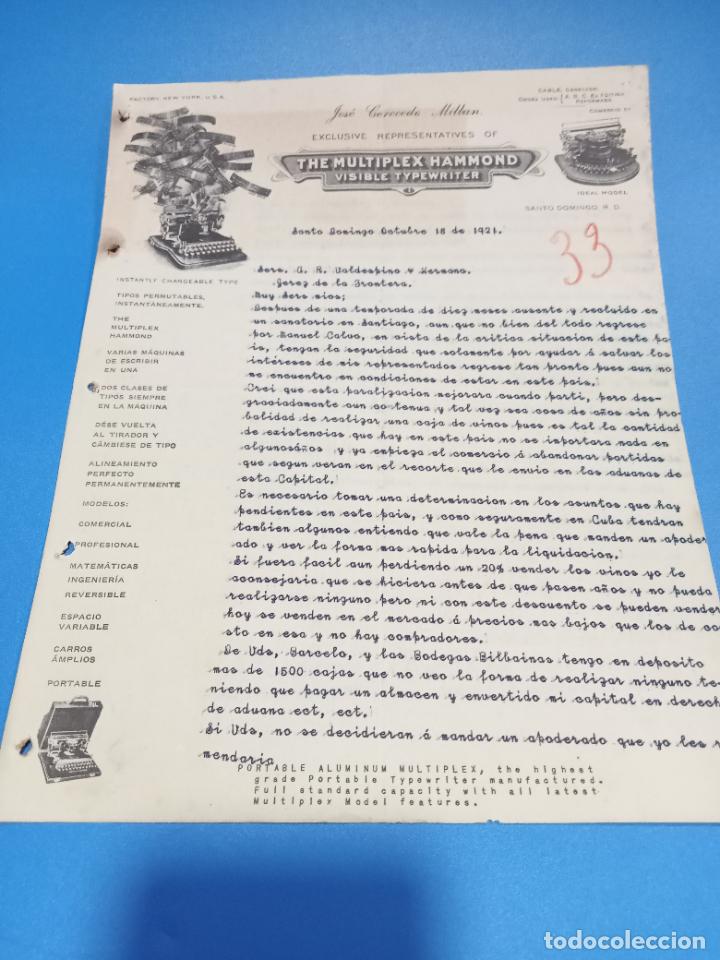 Gesch&auml;ftsbriefe: CARTA COMERCIAL. JOSE CERECEDO MILLAN. MULTIPLEX HAMMOND. SANTO DOMINGO. 1921. CON 2 HOJAS