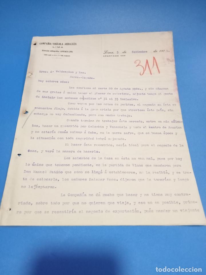 Gesch&auml;ftsbriefe: CARTA COMERCIAL. COMPA&Ntilde;&Iacute;A VIN&Iacute;COLA ANDALUZA. LIMA, PER&Uacute;. 1921. CON 2 HOJAS