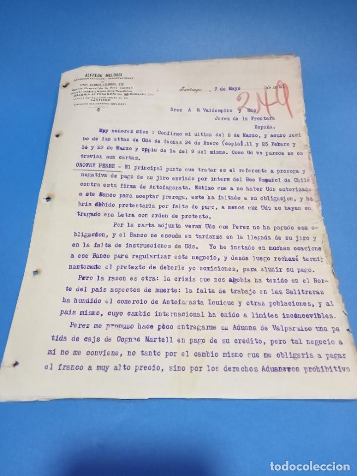 Gesch&auml;ftsbriefe: CARTA COMERCIAL. ALFREDO MELOSSI. VINOS, LICORES, CIGARROS. SANTIAGO, CHILE. 1921. CON 2 HOJAS