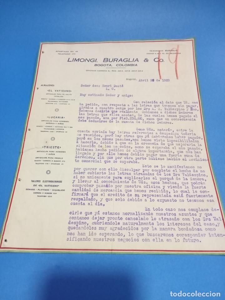 Gesch&auml;ftsbriefe: CARTA COMERCIAL. LIMONGI, BURGAGLIA & CO. BOGOT&Aacute;, COLOMBIA. 1923. CON 2 HOJAS