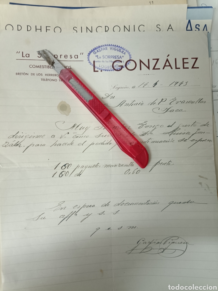 Gesch&auml;ftsbriefe: Comestibles la sorpresa comestibles finos l Gonz&aacute;lez 1943 Logro&ntilde;o