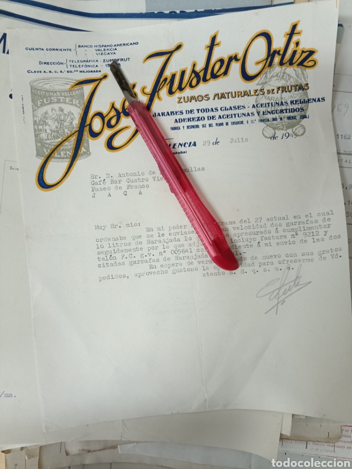 Gesch&auml;ftsbriefe: Jos&eacute; Fuster Ortiz zumos naturales de fruta Valencia 1943