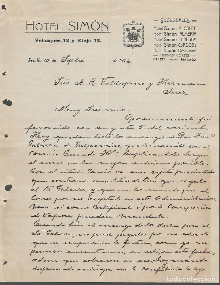 Cartas comerciales: SEVILLA,-HOTEL SIMON- DIRIGIDA A.R. VALDESPINO Y HERMANOS-JEREZ- A&Ntilde;O 1914.- VER FOTOS