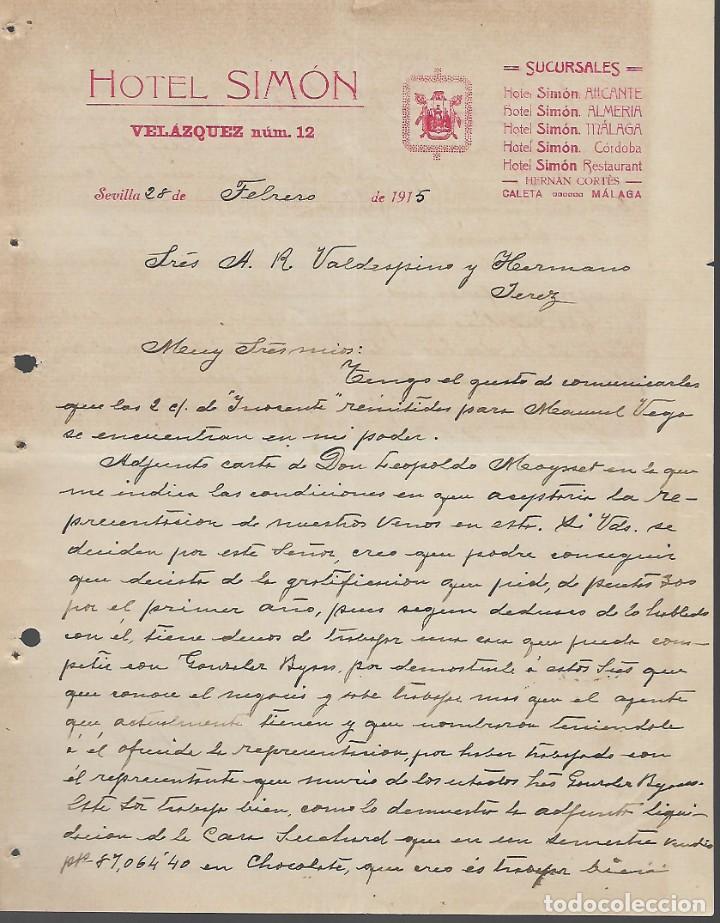 Cartas comerciais: SEVILLA,-HOTEL SIMON- DIRIGIDA A.R. VALDESPINO Y HERMANOS-JEREZ- A&Ntilde;O 1915.- VER FOTOS