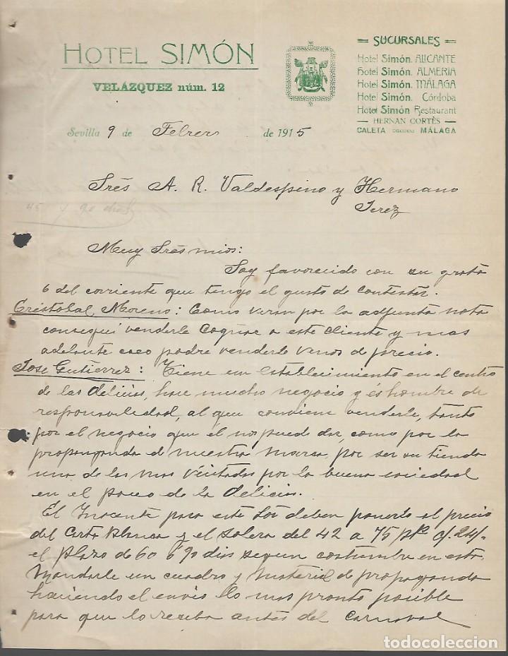 Cartas comerciais: SEVILLA,-HOTEL SIMON- DIRIGIDA A.R. VALDESPINO Y HERMANOS-JEREZ- A&Ntilde;O 1915.- VER FOTOS