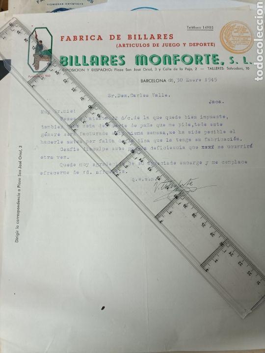 Gesch&auml;ftsbriefe: F&aacute;brica de billares Monforte Barcelona 1945