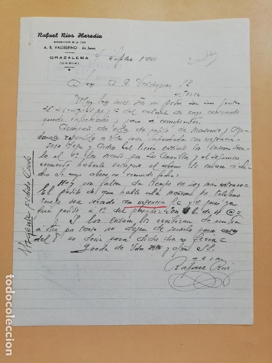Gesch&auml;ftsbriefe: CARTA COMERCIAL. RAFAEL RIOS HEREDIA. REPRESENTANTE A. R. VALDESPINO. GRAZALEMA, CADIZ. 1944.